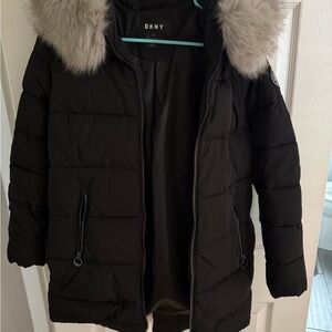 DKNY Black Puffer Jacket with Faux Fur Trim